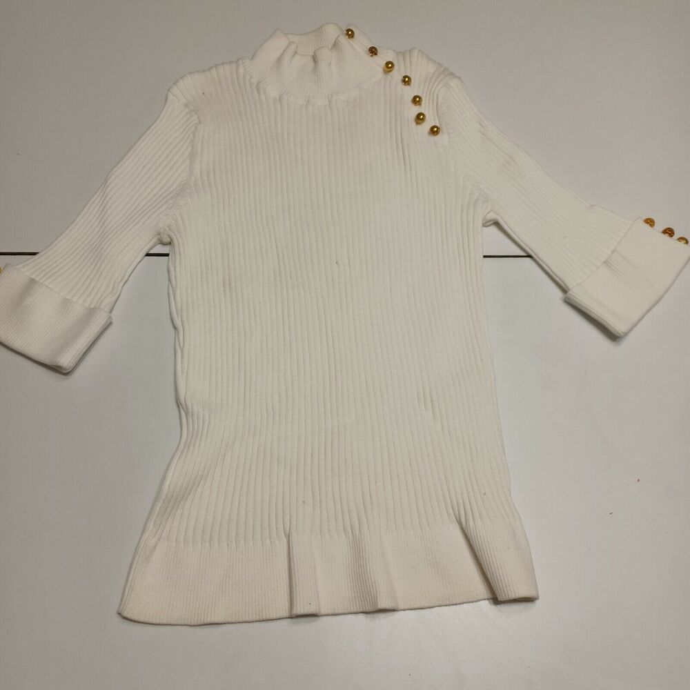 Evie Women Pullover Sweater White 3/4 Sleeve Mock Turtleneck Cable Knit‎ L